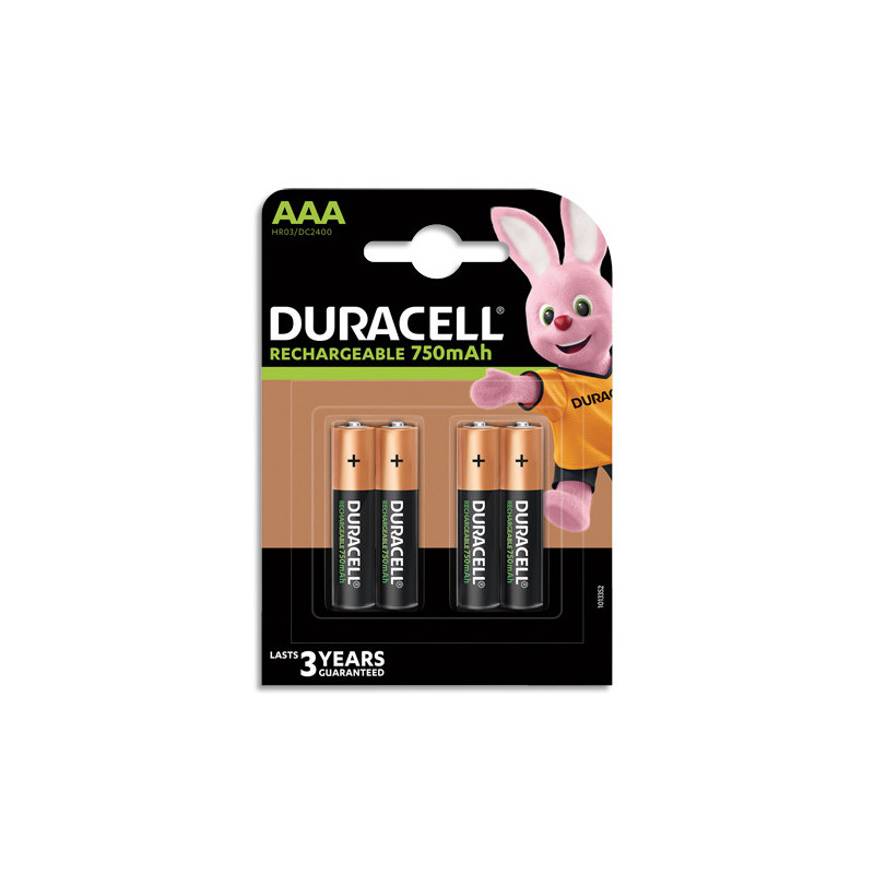 DURACELL Piles Rechargeables AAA 750 Mah, lot de 4 piles