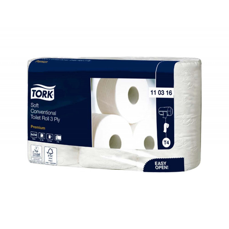 TORK Paquet de 8 rouleaux Papier toilette Traditionnel doux Premium 3 plis 250 feuilles