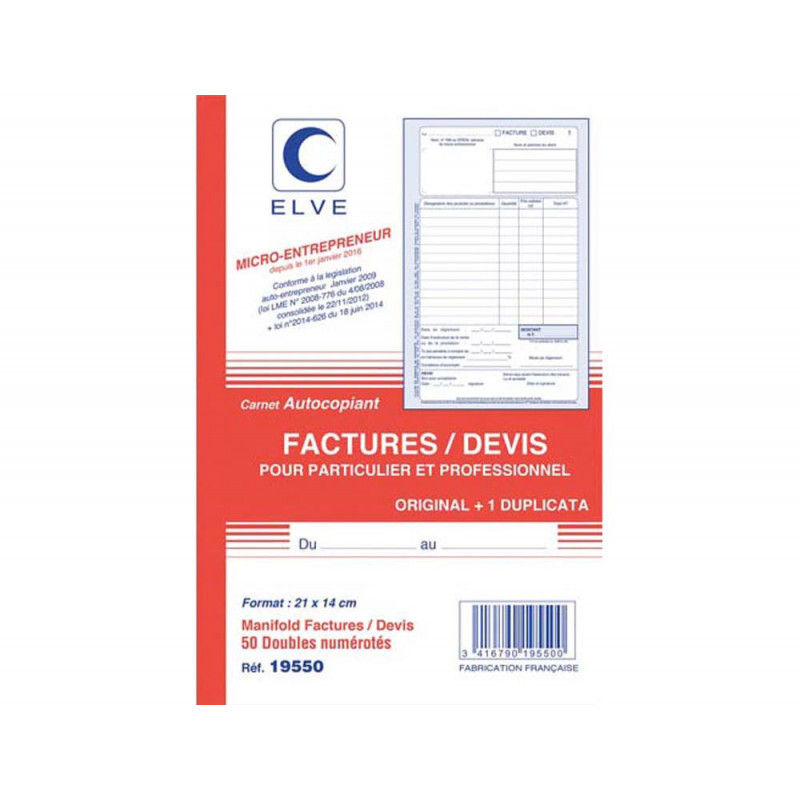 ELVE Manifold entrepreneur autocopiant factures / Devis format 210x140mm. 50 feuillets dupli