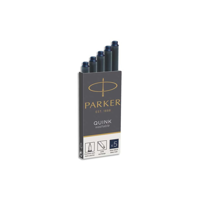 PARKER Etui de 5 cartouches longues QUINK encre Bleue effaçable. En blister.