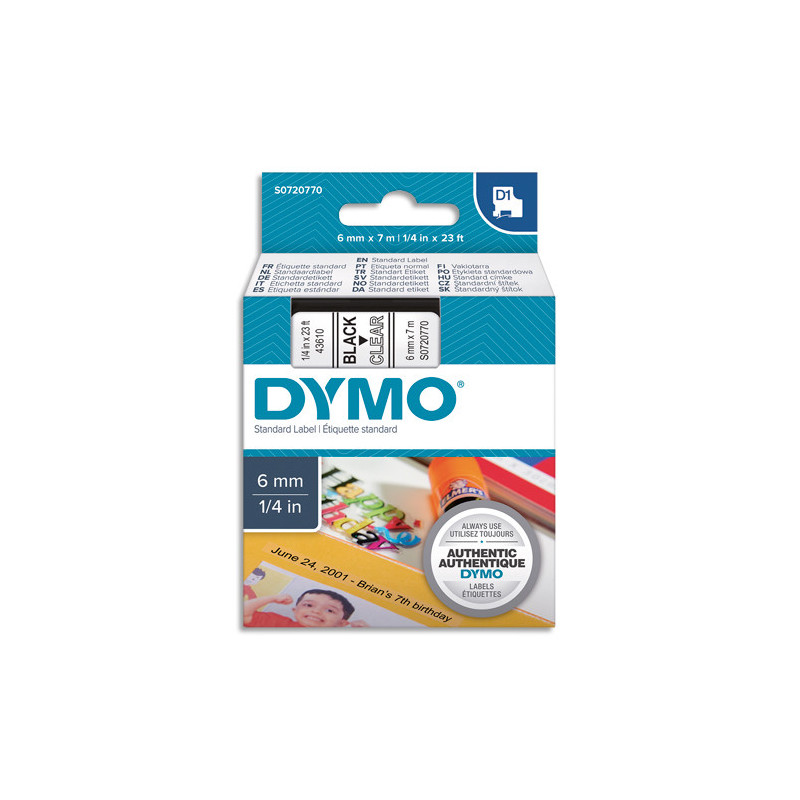 DYMO Ruban D1 Noir/transparent 6MMX7M pour 1000/1000+/2000/3500/4500/5000/5500