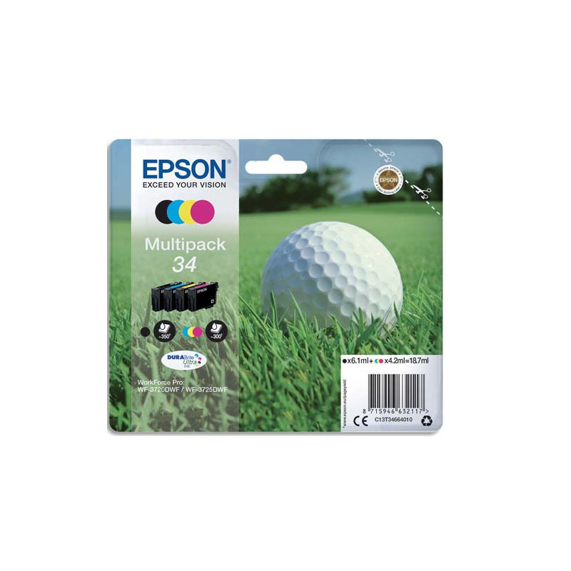 EPSON Multipack Cartouches Jet d'Encre DURABrite Ultra 4 couleurs ''Balle de Golf'' 34 - C13T34664010