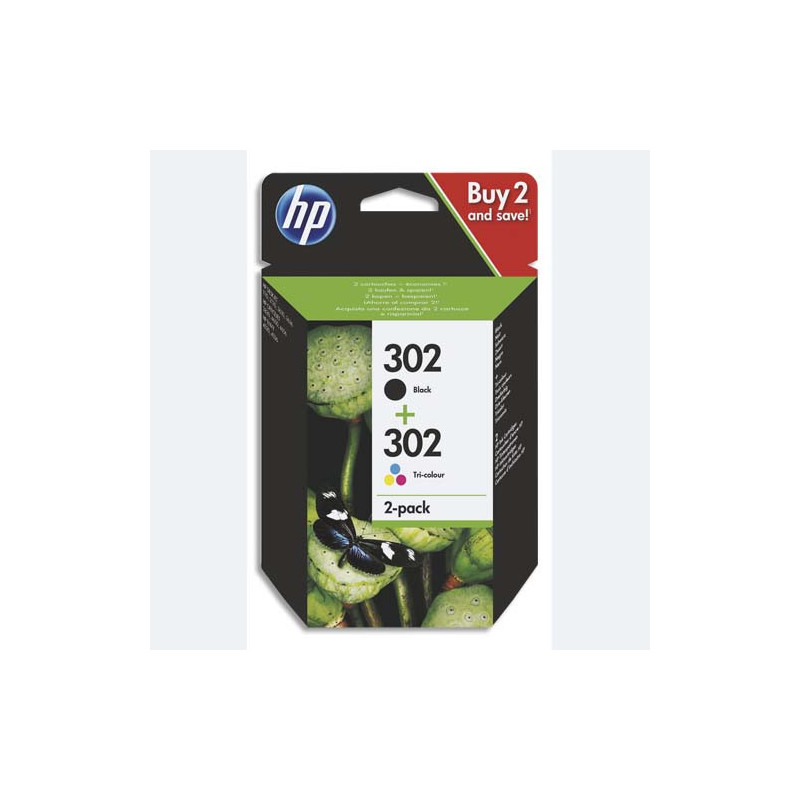 HP 302 Pack de 2 Cartouches d'Encre Noire et Trois Couleurs Authentiques (X4D37AE)