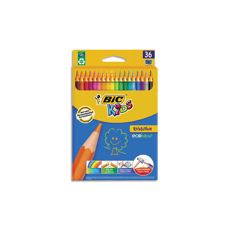 BIC Kids Evolution ECOlutions Crayons de Couleur - Couleurs Assorties, Etui Carton de 36