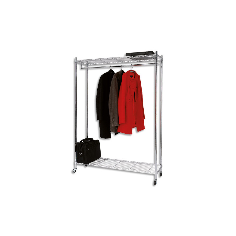 ALBA Vestiaire mobile en fil métal chromé, capacité 70 kg 26 cintres, 2 étagères L89 x H168 x P35 cm