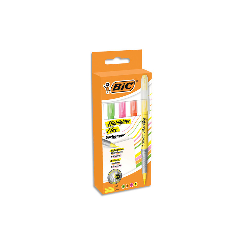 BIC Highlighter Flex Surligneurs à Pointe Souple et Flexible - Couleurs Fluo Assorties, Etui Carton de 4