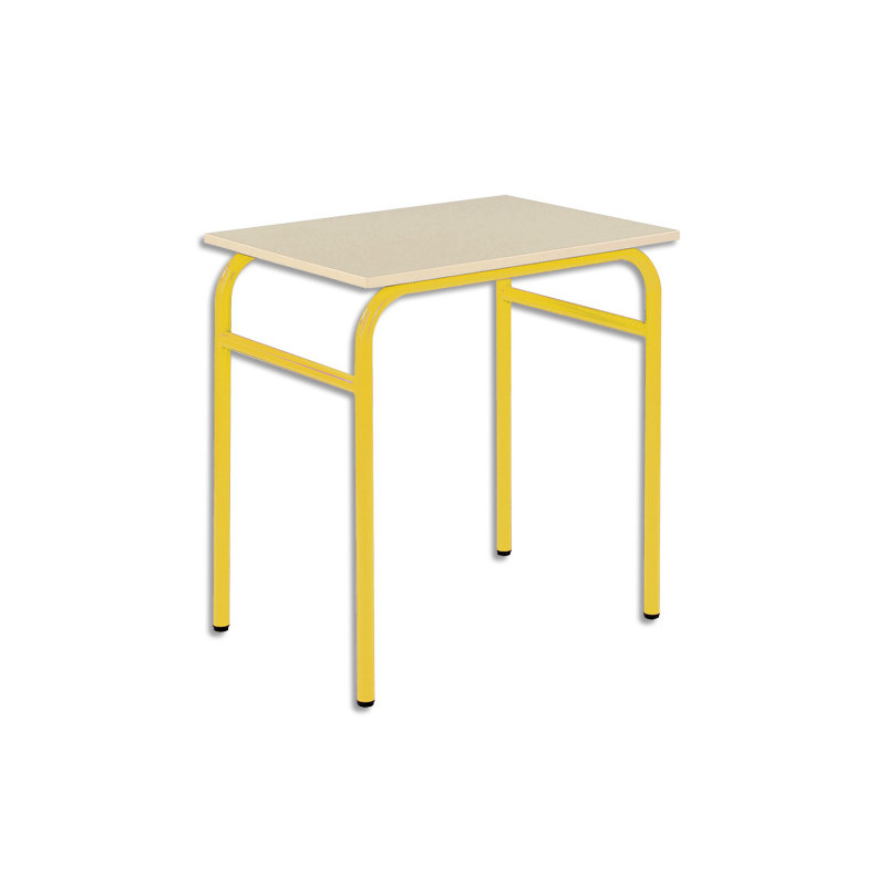 SODEMATUB Lot de 4 tables scolaire MONOPLACE, hêtre, plateau 70 x 50 cm, hauteur 59 cm, taille 3, jaune