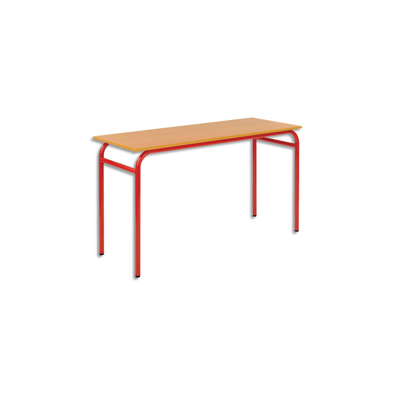 SODEMATUB Lot de 4 tables scolaire BIPLACE, hêtre, plateau 130 x 50 cm, hauteur 59 cm, taille 3, rouge