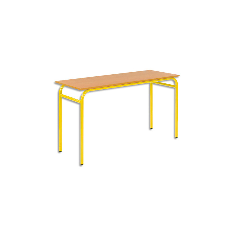 SODEMATUB Lot de 4 tables scolaire BIPLACE, hêtre, plateau 130 x 50 cm, hauteur 59 cm, taille 3, jaune