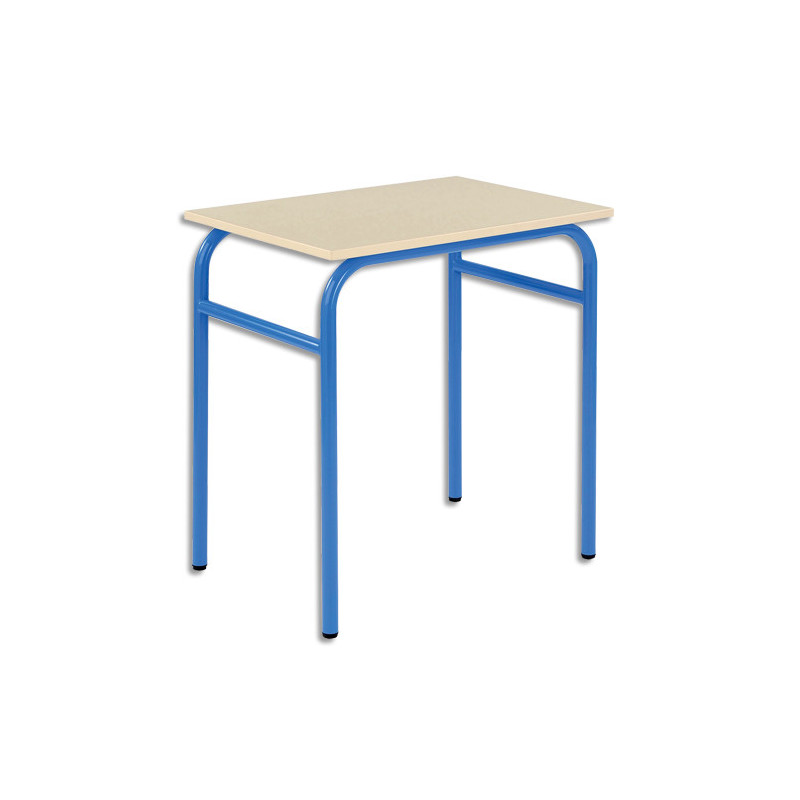 SODEMATUB Lot de 4 tables scolaire MONOPLACE, hêtre, plateau 70 x 50 cm, hauteur 76 cm, taille 6, bleu