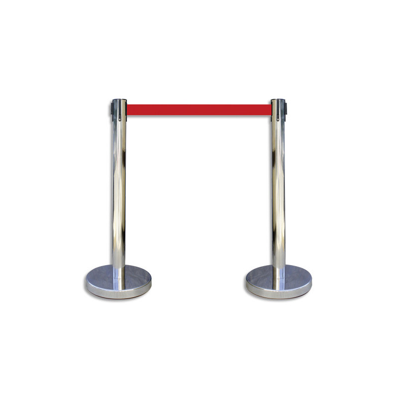 VISO Kit de 2 Poteaux chromés H91 cm avec sangle Rouge rétractable 2 mètres, en polypropylène et inox