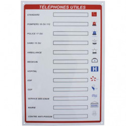 VISO Panneau Téléphone utiles Blanc Rouge en plastique, adhésif au dos, trous de fixation, L30 x H45 cm