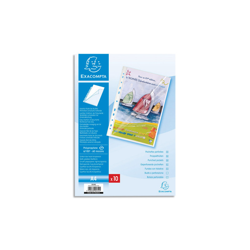 EXACOMPTA Sachet de 10 pochettes perforées A4 PP transparent lisse 6/100. Ouverture en coin toute hauteur