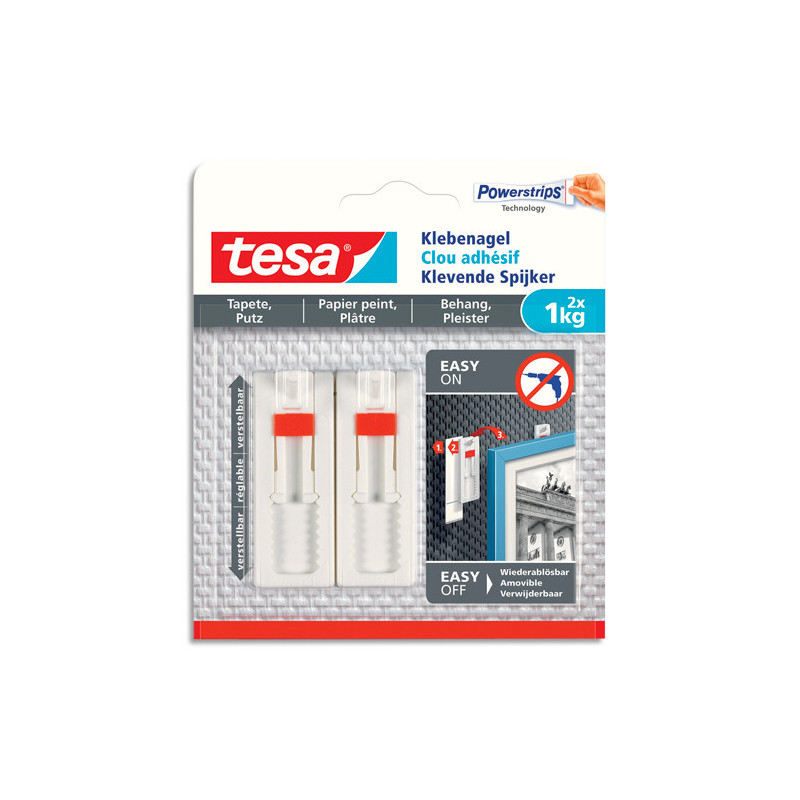 TESA Boîte de 2 Clous adhésifs ajustables pour papier peint et plâtre, charge 1 kg, L1,3 x H14 x P1,4 cm