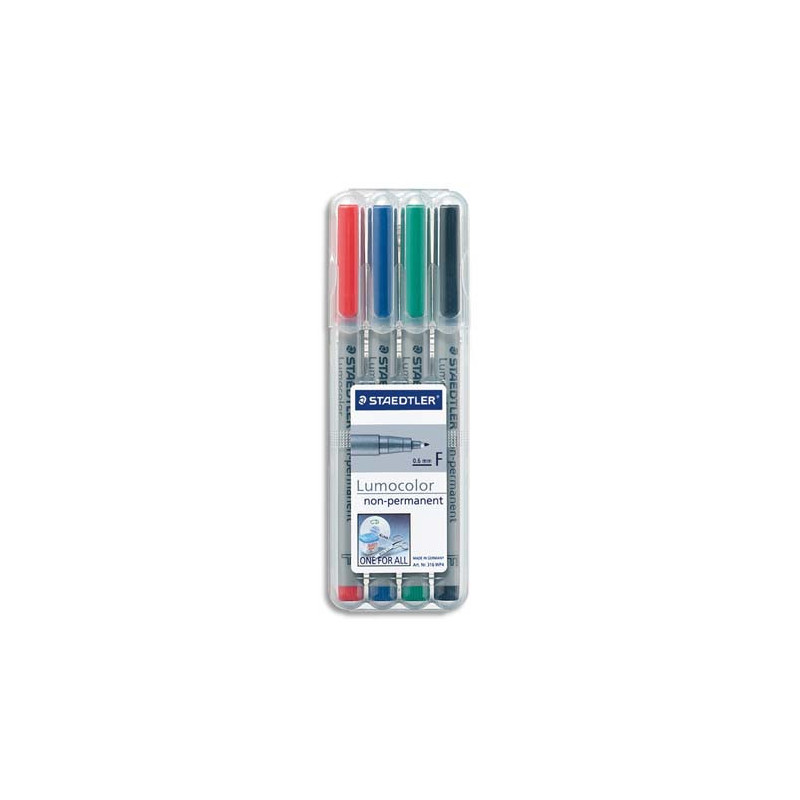 STAEDTLER Pochette de 4 feutres pour rétroprojection pointe fine encre soluble coloris assortis LUMOCOLOR