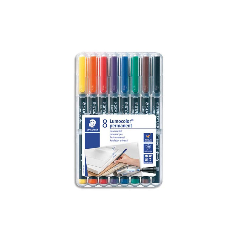 STAEDTLER Pochette de 8 feutres LUMOCOLOR Encre permanente. Coloris assortis. Pointe fine 0,6mm
