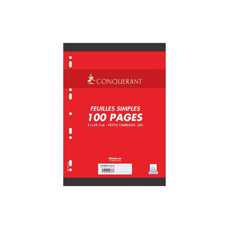 CONQUERANT 7 Feuillets mobiles 21x29,7cm 100 pages 80g 5x5. Sous sachet, papier Blanc