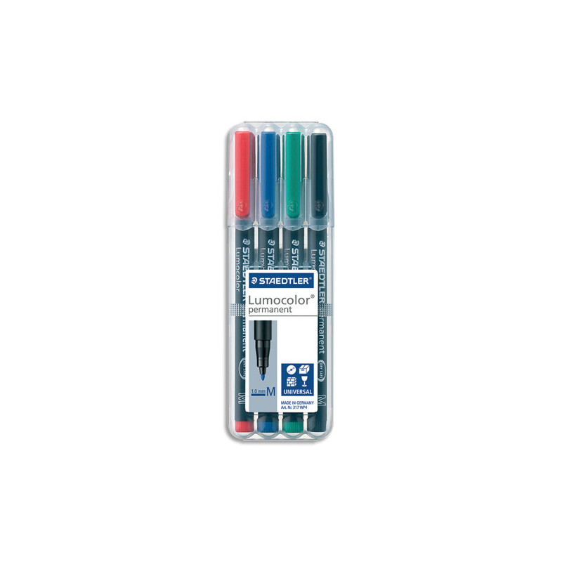 STAEDTLER Pochette de 4 feutres multi-usages LUMOCOLOR Encre permanente assortis. Pointe moyenne 1mm