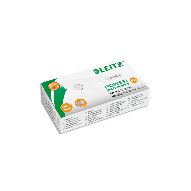 LEITZ Boîte de 1000 Agrafes Blanches N°24/6 Strong, en acier, Hauteur 6 mm, agrafe jusqu'à 30 feuilles