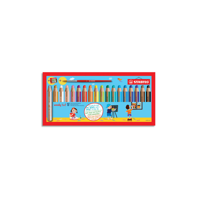 STABILO woody 3in1 crayon de couleur - Etui carton de 18 crayons + taille-crayon + pinceau rond