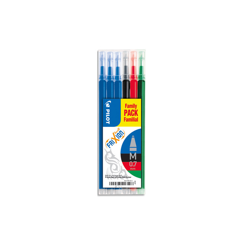 PILOT Set de 6 recharges FriXion 3 Bleu, Noir, Rouge, Vert - Pointe moyenne