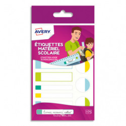 AVERY Sachet de 24 Etiquettes Plastifiées Blanc avec bordure Vert/Bleu/Jaune/Rouge, format assortis