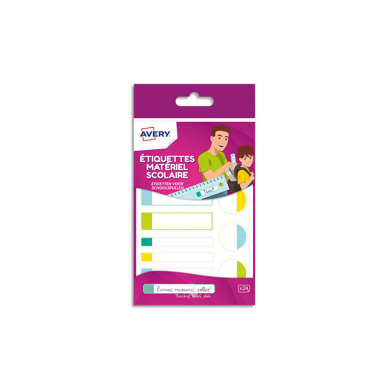 AVERY Sachet de 24 Etiquettes Plastifiées Blanc avec bordure Vert/Bleu/Jaune/Rouge, format assortis