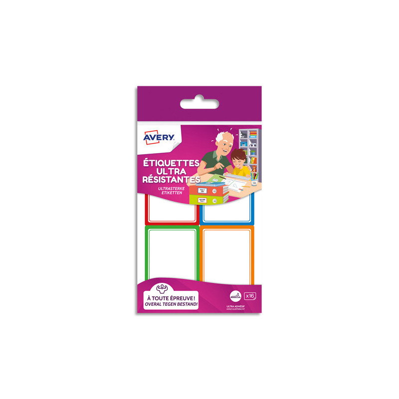 AVERY Sachet de 16 Etiquettes Ultra-Résistantes 44x64mm Blanc avec Bordure Vert/Bleu/Orange/Rouge