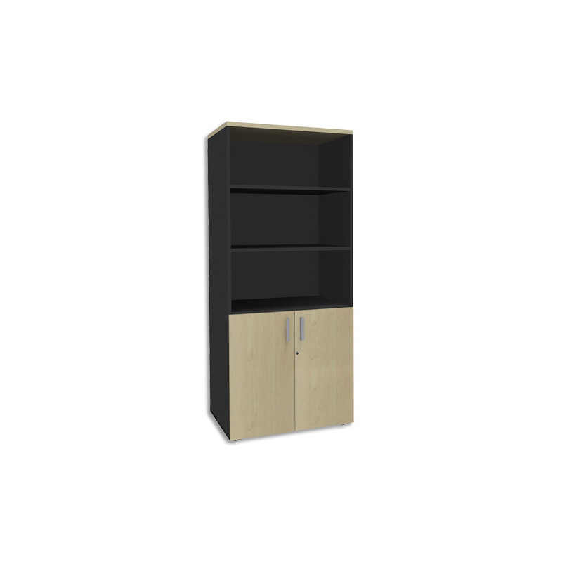 SIMMOB Bibliothèque 2 portes basses Steely Erable carbone en bois - Dimensions : L80 x H180 x P47 cm