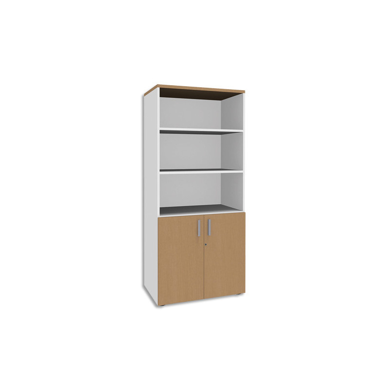 SIMMOB Bibliothèque 2 portes basses Steely Hêtre pieds Blancs en bois - Dimensions : L80 x H180 x P47 cm