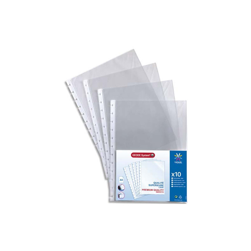 VIQUEL Sachet de 10 pochettes perforées à ouverture haut pour reliure Géode Méteor polypropylène 6,5/100e