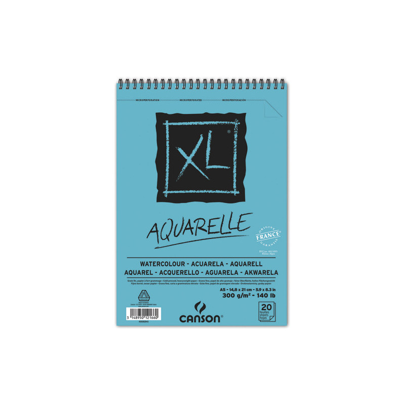 CANSON Album spiralé 20 feuilles XL AQUARELLE, A5, 300G, grain fin Blanc