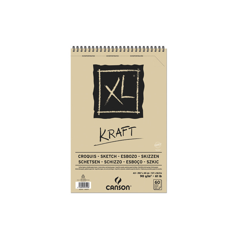 CANSON Album spiralé de 60 feuilles de papier dessin XL KRAFT, format A3, 90G