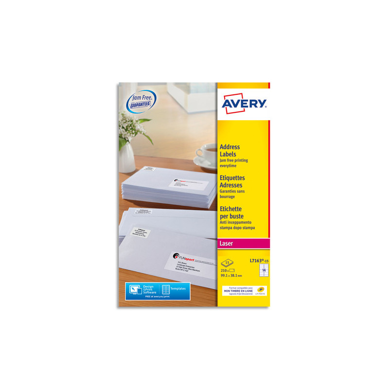 AVERY Boîte de 210 étiquettes adresse/adresse Laser Blanche 99,1x38,1mm L7163-15