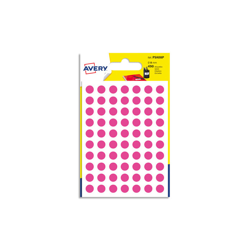 AVERY Sachet de 490 pastilles d8 mm. Ecriture manuelle. Coloris Rose