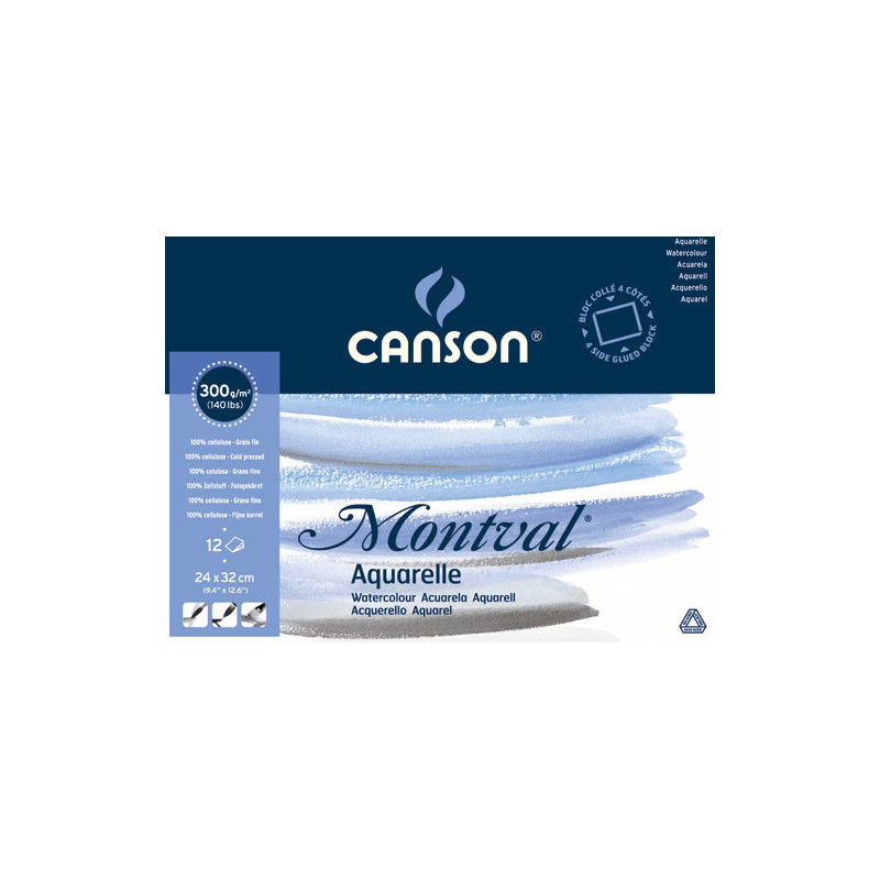 CANSON Bloc 12 feuilles papier aquarelle MONTVAL, collées 4 côtés, 24x32, 300G, grain fin Blanc naturel