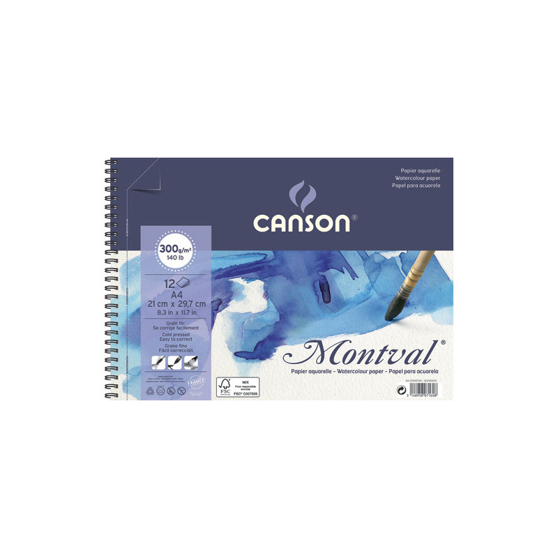 CANSON Album spiralé 12 feuilles papier aquarelle MONTVAL, A4, 300G, grain fin Blanc naturel