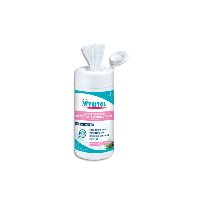 WYRITOL Boîte de 100 Lingettes nettoyantes et désinfectantes pour les mains parfum Pin, actif sur H1N1