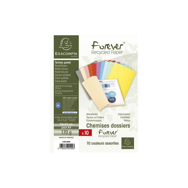 EXACOMPTA Paquet de 10 chemises FOREVER en carte 170g. Coloris assortis