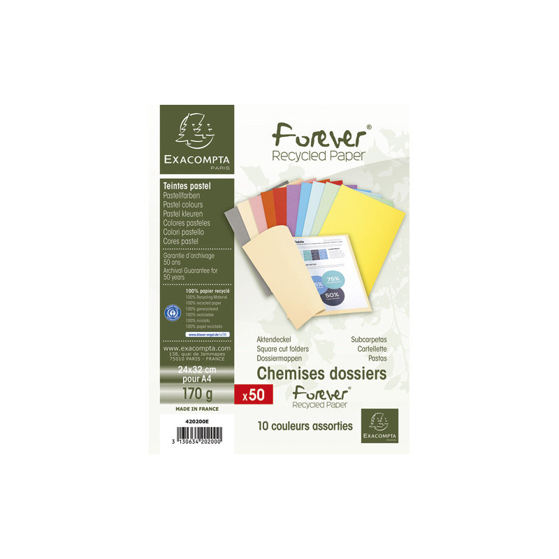 EXACOMPTA Paquet de 50 chemises FOREVER en carte 170g. Coloris assortis