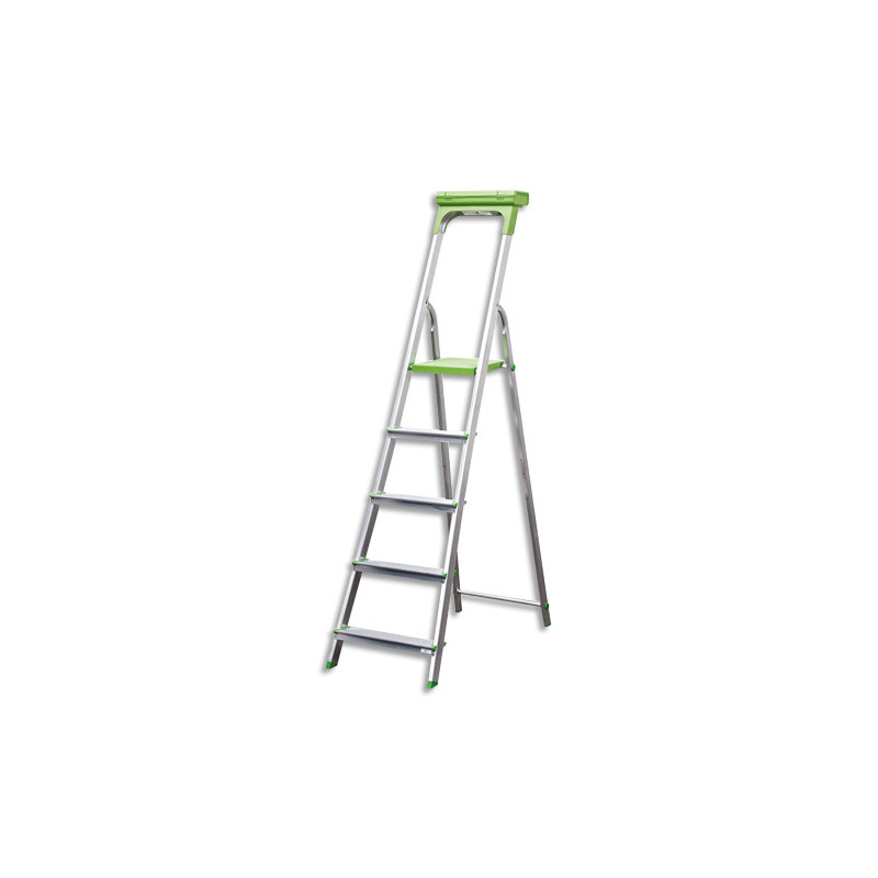 WONDAY Escabeau 5 marches, structure aluminium avec porte-outils Vert - Dim : L94,5 x H174 x P45 cm