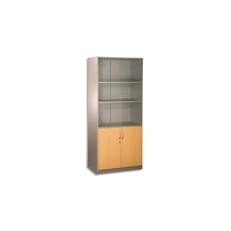 SIMMOB Bibliothèque Haute H180 x L80 cm, 2 portes basses alu/hêtre ouverte gamme ALU HETRE BUDGET