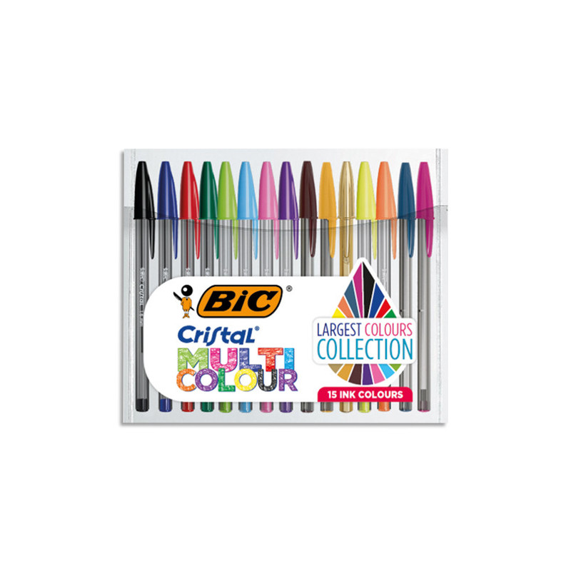 BIC Ecriture Cristal Multicolour Stylos-Bille Pointe Large (1,6 mm) - Couleurs Assorties, Pochette de 15