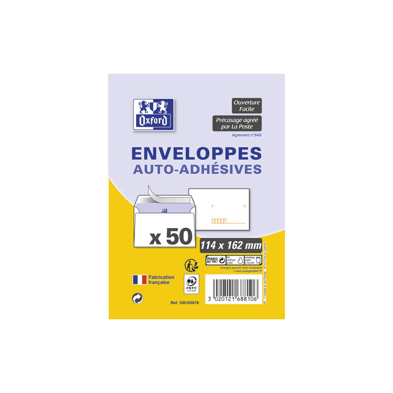 OXFORD Paquet de 50 enveloppes Blanches pré-casées auto-adhésives 80g format 114x162mm C6