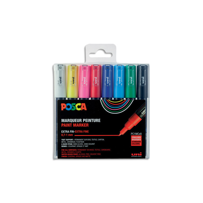 UNI Pochette de 8 marqueurs POSCA. Pointe conique extra fine 0,7-1mm. Coloris assortis
