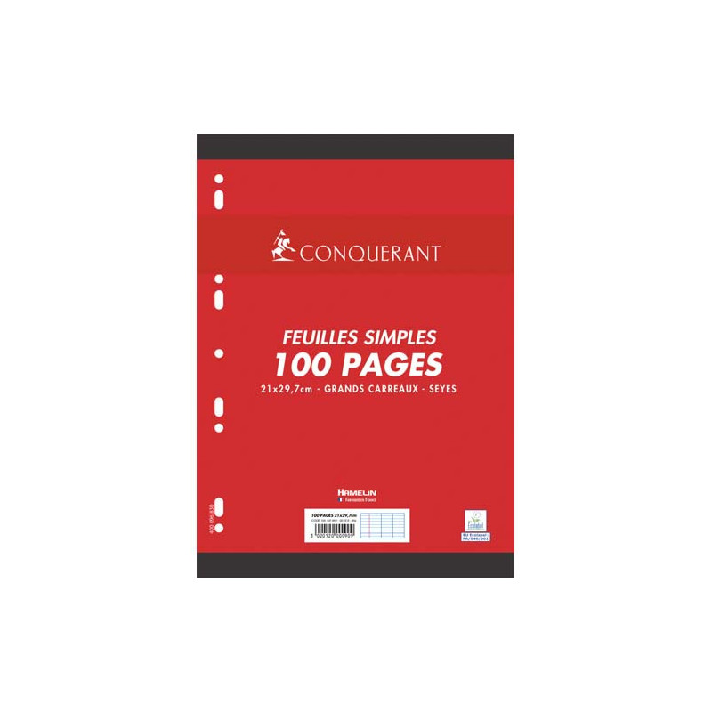 CONQUERANT C7 Feuillets mobiles 21x29,7cm 100 pages grands carreaux Blancs 90g. Sous sachet