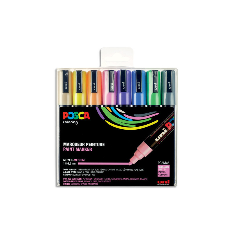 UNI POSCA Set de 8 Markers Pointe conique moyenne assortis