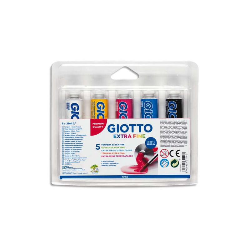 GIOTTO Blister de 5 tubes de gouache 21 ml, coloris assortis primaires