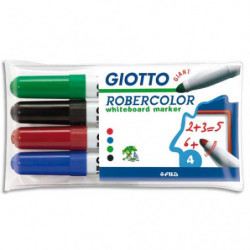 GIOTTO Pochette 4 marqueurs effaçables pointe ogive 7mm, Bleu, Rouge, Noir, Vert. Odeur neutre.