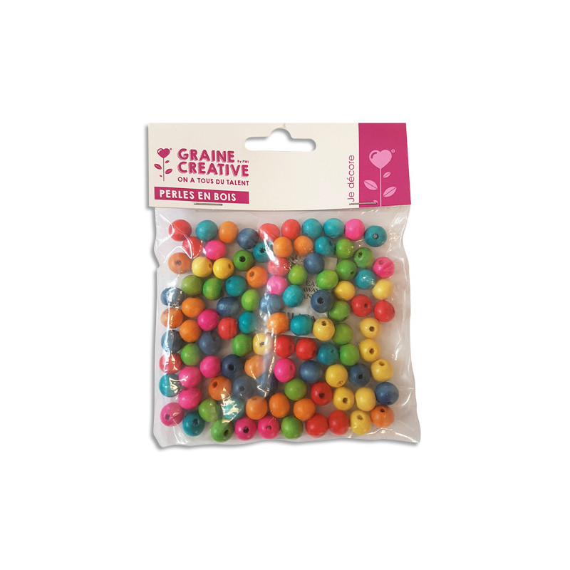 GRAINE CREATIVE Sachet de 100 perles en bois colorées assorties diamètre 10 mm, trou 2mm